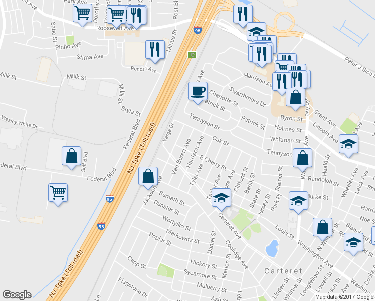 map of restaurants, bars, coffee shops, grocery stores, and more near 230 East Cherry Street in Carteret