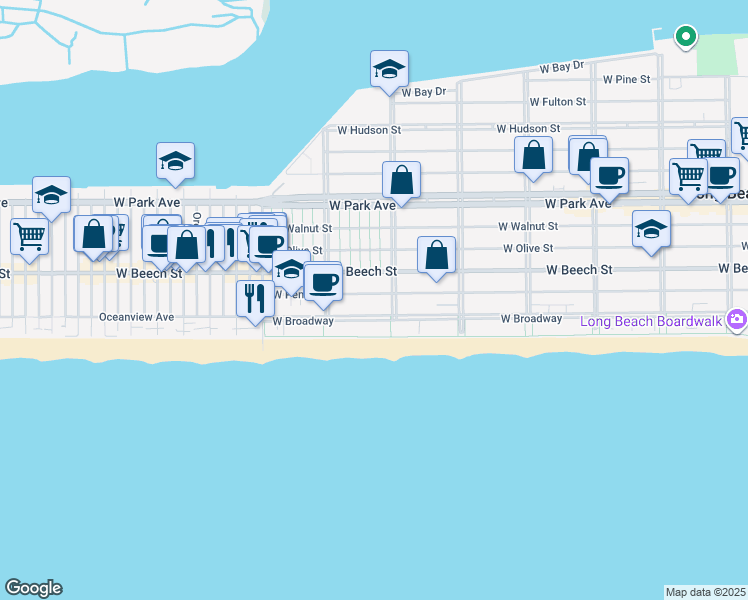 map of restaurants, bars, coffee shops, grocery stores, and more near 153 Lindell Boulevard in Long Beach
