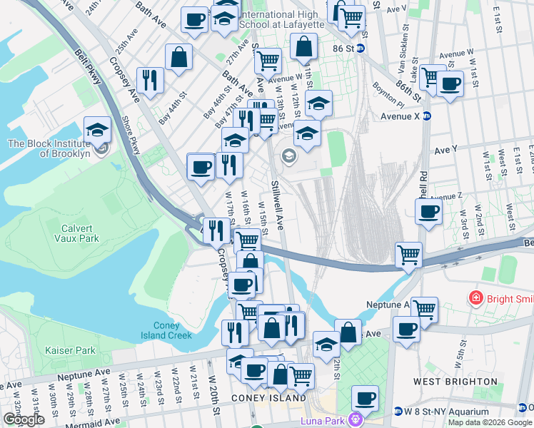 map of restaurants, bars, coffee shops, grocery stores, and more near 2567 West 15th Street in Brooklyn