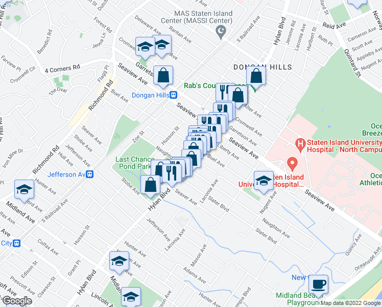 map of restaurants, bars, coffee shops, grocery stores, and more near 1816 Hylan Boulevard in Staten Island