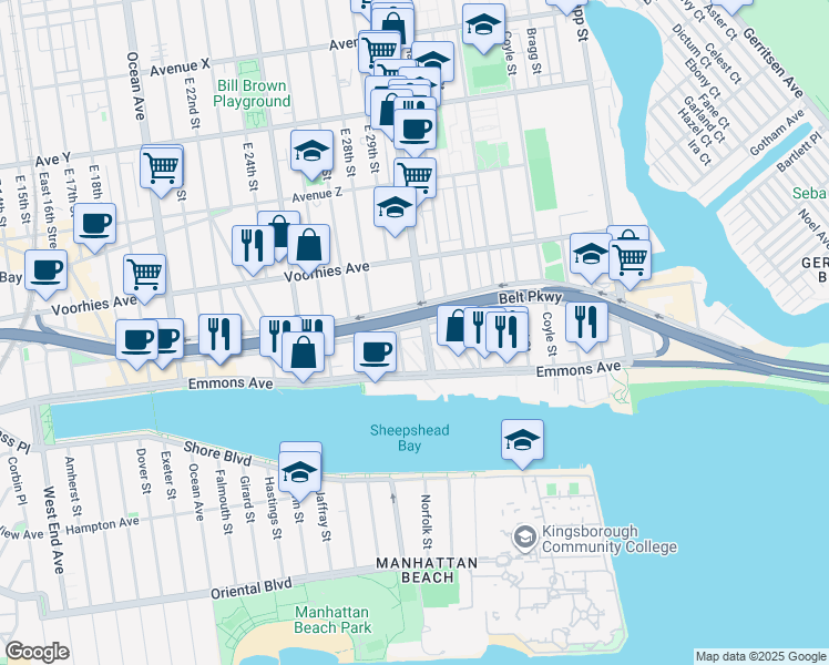 map of restaurants, bars, coffee shops, grocery stores, and more near 3684 Shore Parkway in Brooklyn