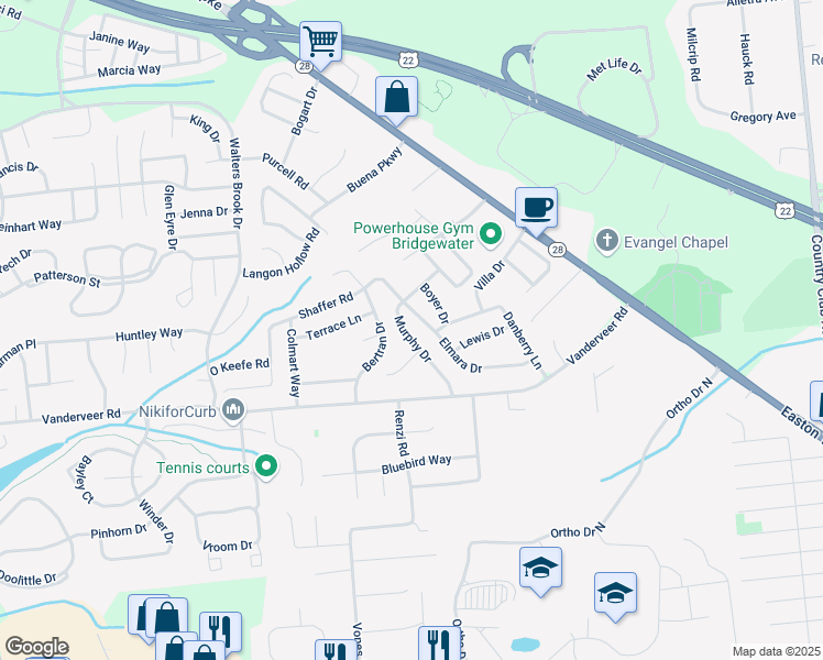 map of restaurants, bars, coffee shops, grocery stores, and more near 55 Elmara Drive in Bridgewater