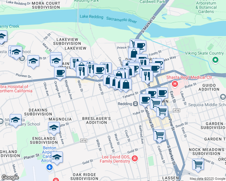 map of restaurants, bars, coffee shops, grocery stores, and more near Shasta Street & Court Street in Redding