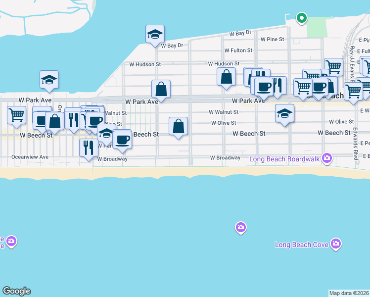map of restaurants, bars, coffee shops, grocery stores, and more near 157 Washington Boulevard in Long Beach