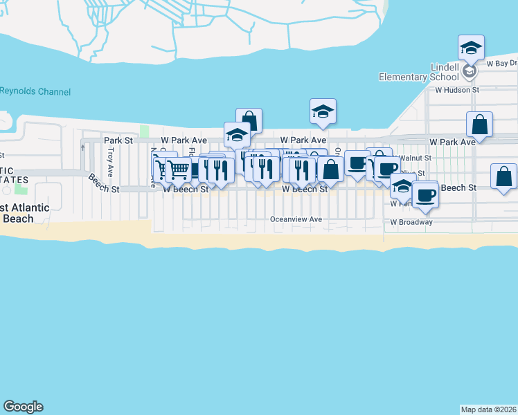 map of restaurants, bars, coffee shops, grocery stores, and more near 36 Minnesota Avenue in Long Beach
