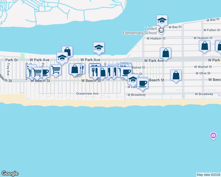 map of restaurants, bars, coffee shops, grocery stores, and more near 36 Arizona Avenue in Long Beach