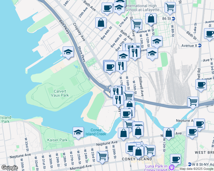 map of restaurants, bars, coffee shops, grocery stores, and more near 2821-2825 Cropsey Avenue in Brooklyn