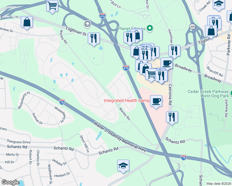 map of restaurants, bars, coffee shops, grocery stores, and more near 4529 Bellflower Way in Allentown
