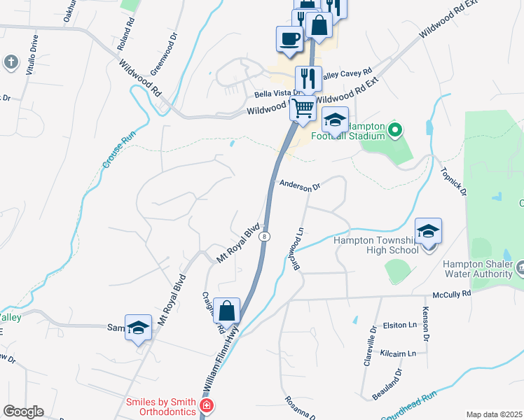 map of restaurants, bars, coffee shops, grocery stores, and more near 4517 Mount Royal Boulevard in Hampton Township
