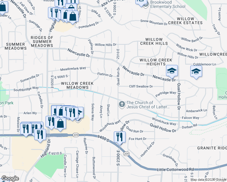 map of restaurants, bars, coffee shops, grocery stores, and more near 9127 Shad Circle in Sandy