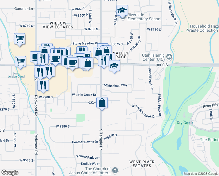 map of restaurants, bars, coffee shops, grocery stores, and more near 1272 Michaelsen Way in West Jordan