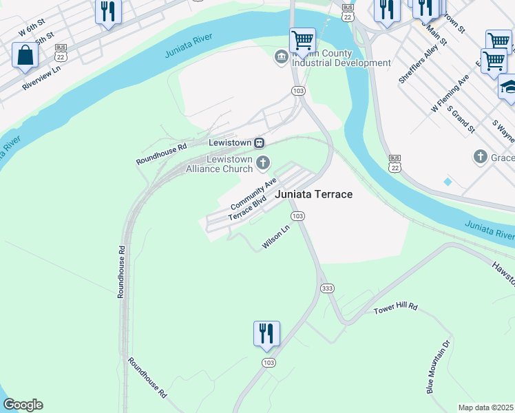 map of restaurants, bars, coffee shops, grocery stores, and more near 211 Terrace Boulevard in Lewistown