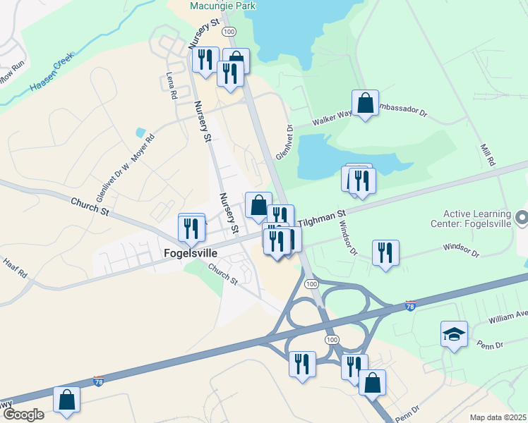 map of restaurants, bars, coffee shops, grocery stores, and more near 7725 Lime Street in Fogelsville