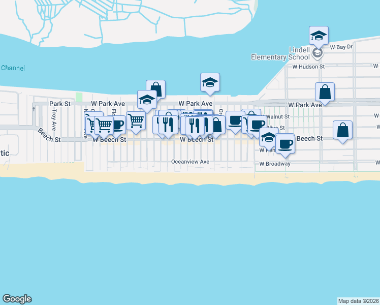 map of restaurants, bars, coffee shops, grocery stores, and more near 43 Wisconsin Street in Long Beach