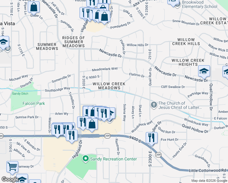 map of restaurants, bars, coffee shops, grocery stores, and more near 2156 East Falcon Way in Sandy