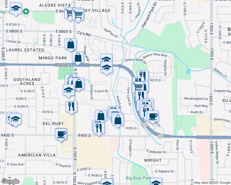 map of restaurants, bars, coffee shops, grocery stores, and more near 9144 South Peach Blossom Drive in Sandy