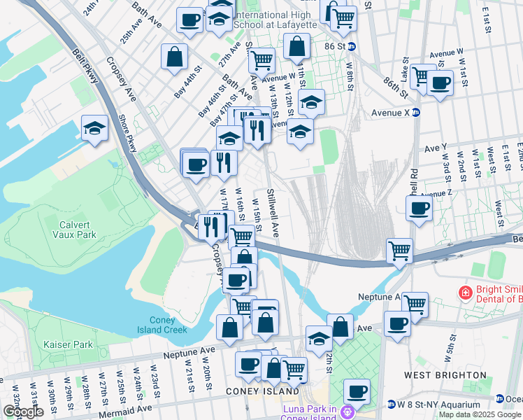 map of restaurants, bars, coffee shops, grocery stores, and more near 2554 West 15th Street in Brooklyn