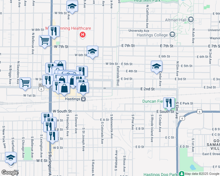 map of restaurants, bars, coffee shops, grocery stores, and more near 207 North Minnesota Avenue in Hastings