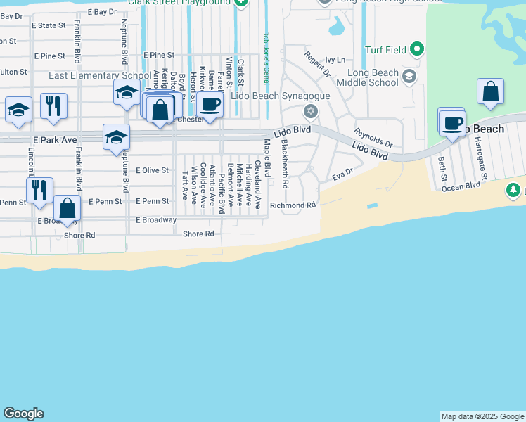 map of restaurants, bars, coffee shops, grocery stores, and more near 1B Richmond Road in Long Beach
