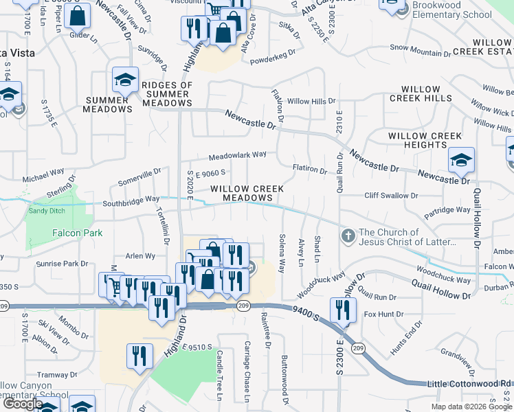 map of restaurants, bars, coffee shops, grocery stores, and more near 2156 East Falcon Way in Sandy