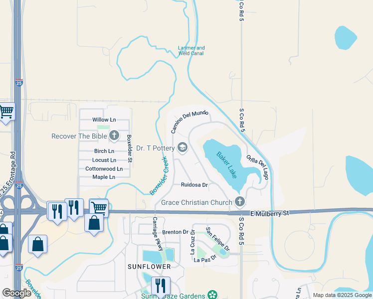 map of restaurants, bars, coffee shops, grocery stores, and more near 193 Camino Real in Fort Collins