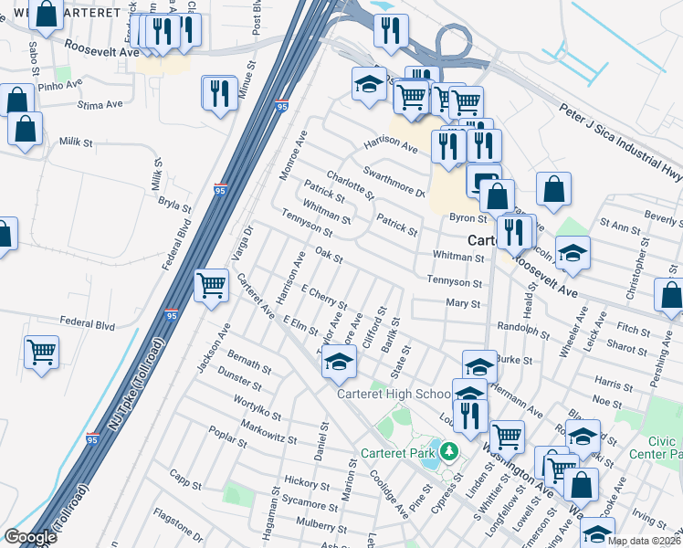 map of restaurants, bars, coffee shops, grocery stores, and more near 39 Oak Street in Carteret