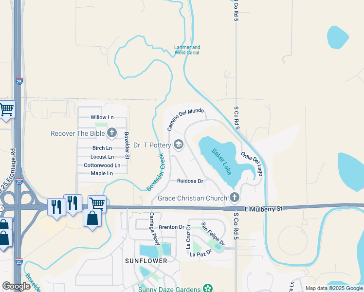 map of restaurants, bars, coffee shops, grocery stores, and more near 193 Camino Real in Fort Collins