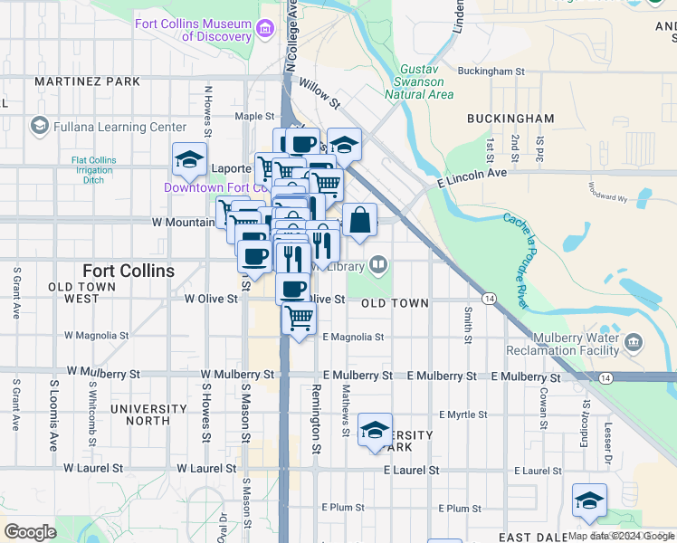 map of restaurants, bars, coffee shops, grocery stores, and more near 215 East Oak Street in Fort Collins