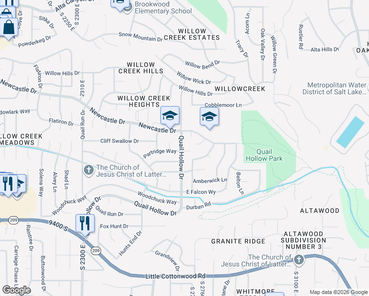 map of restaurants, bars, coffee shops, grocery stores, and more near 9124 Quail Hollow Drive in Sandy