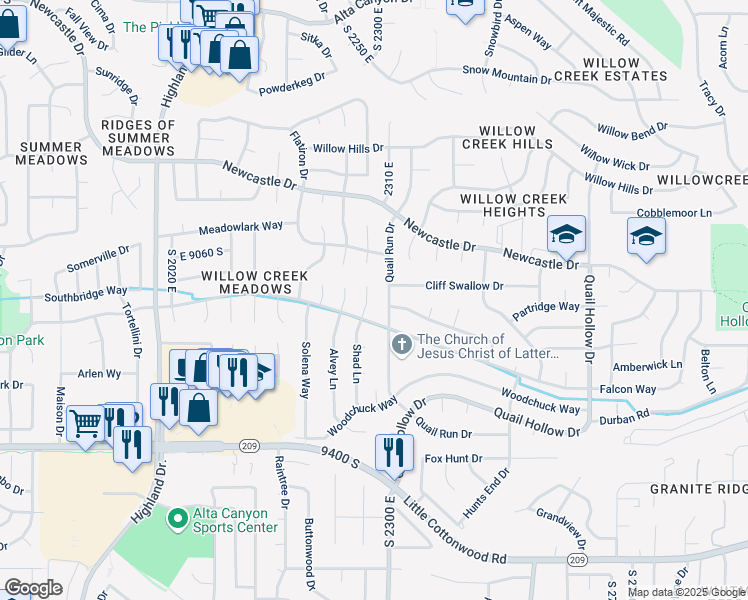 map of restaurants, bars, coffee shops, grocery stores, and more near 9127 Shad Circle in Sandy
