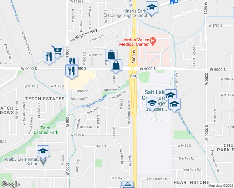 map of restaurants, bars, coffee shops, grocery stores, and more near 9140 Judd Lane in West Jordan
