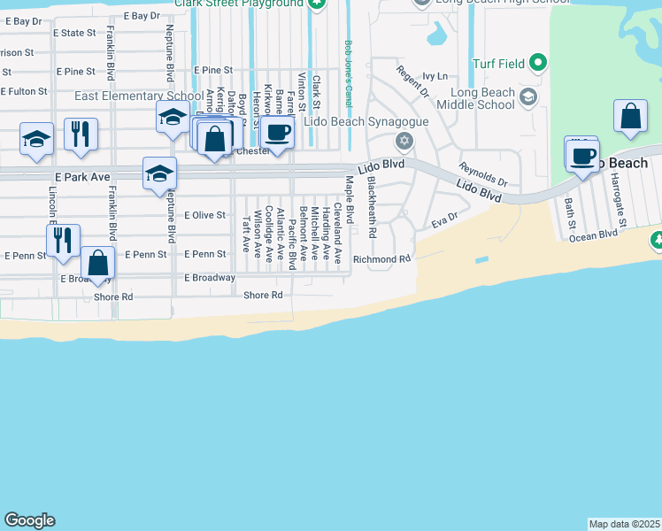 map of restaurants, bars, coffee shops, grocery stores, and more near 107 Harding Avenue in Long Beach