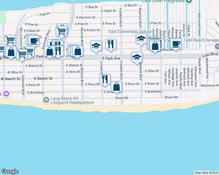 map of restaurants, bars, coffee shops, grocery stores, and more near 420 East Penn Street in Long Beach