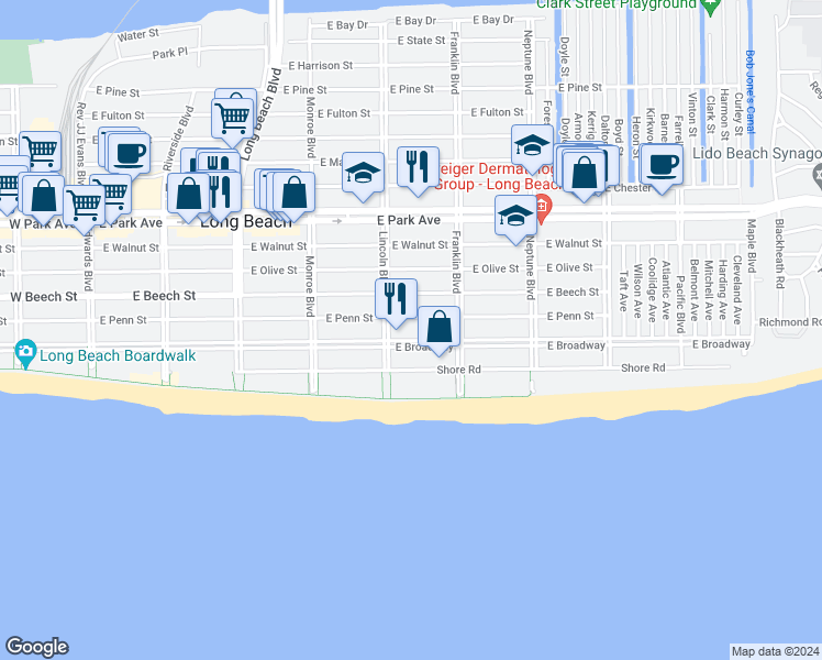 map of restaurants, bars, coffee shops, grocery stores, and more near 420 East Penn Street in Long Beach