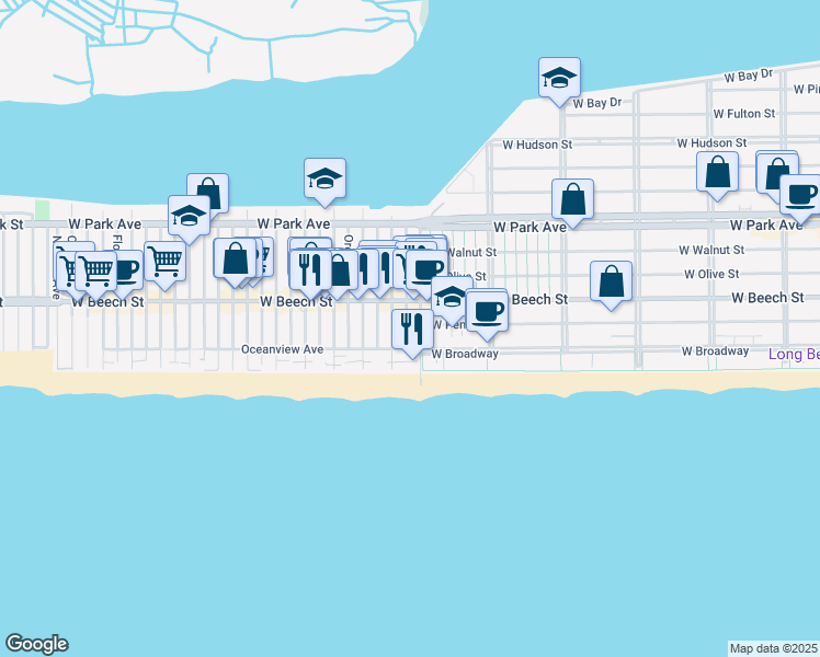 map of restaurants, bars, coffee shops, grocery stores, and more near 43 California Street in Long Beach