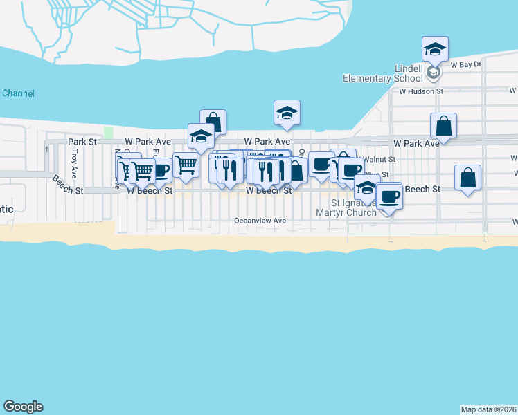 map of restaurants, bars, coffee shops, grocery stores, and more near 43 Wisconsin Street in Long Beach