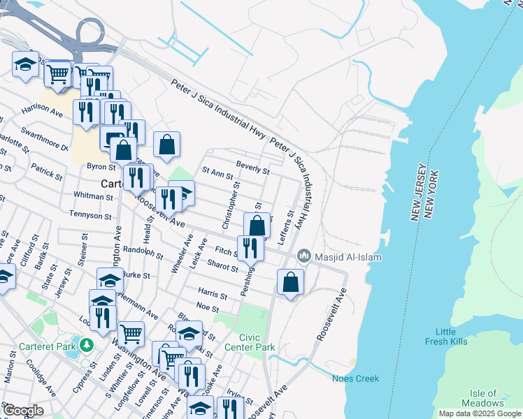 map of restaurants, bars, coffee shops, grocery stores, and more near 53 John Street in Carteret