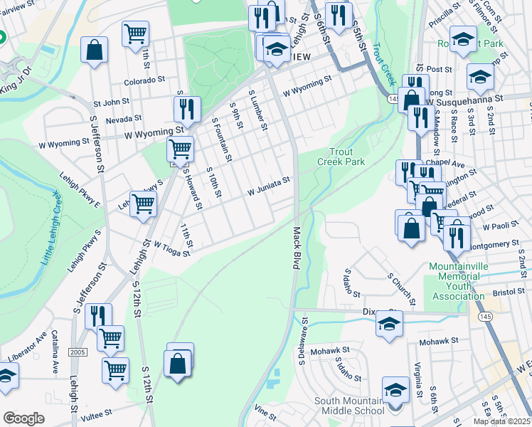 map of restaurants, bars, coffee shops, grocery stores, and more near 1322 South 9th Street in Allentown