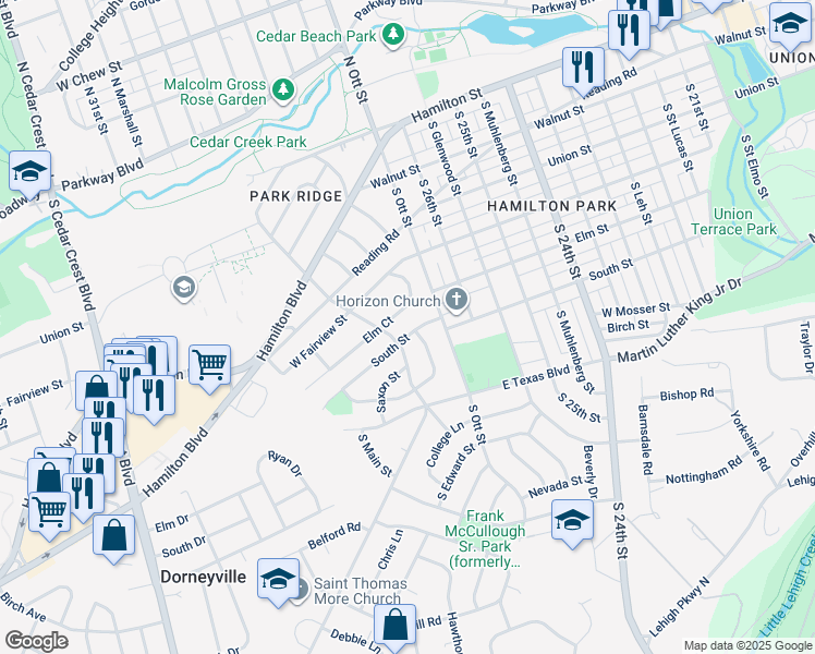 map of restaurants, bars, coffee shops, grocery stores, and more near 2665 South Street in Allentown