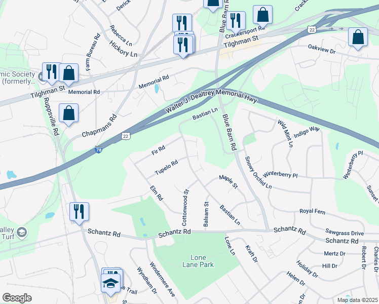 map of restaurants, bars, coffee shops, grocery stores, and more near 318 Bastian Lane in Allentown