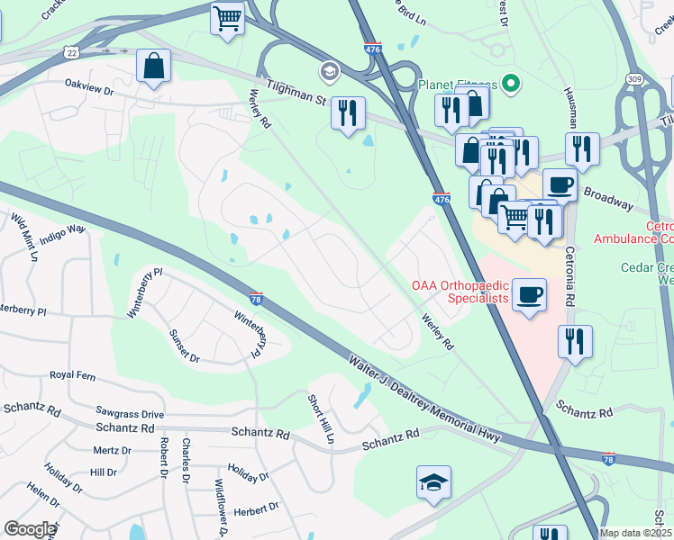 map of restaurants, bars, coffee shops, grocery stores, and more near 4622 Woodbrush Way in Allentown