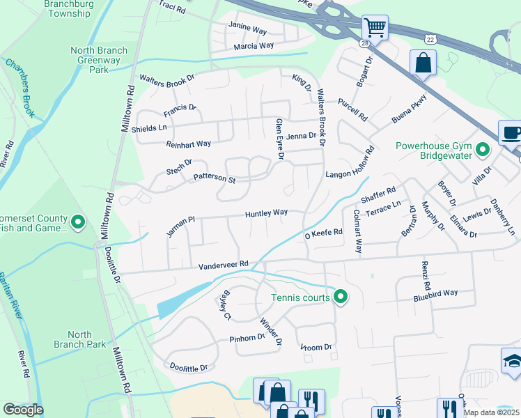 map of restaurants, bars, coffee shops, grocery stores, and more near 27 Huntley Way in Bridgewater
