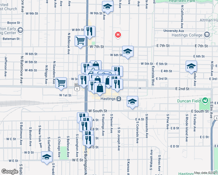 map of restaurants, bars, coffee shops, grocery stores, and more near 630 West 2nd Street in Hastings