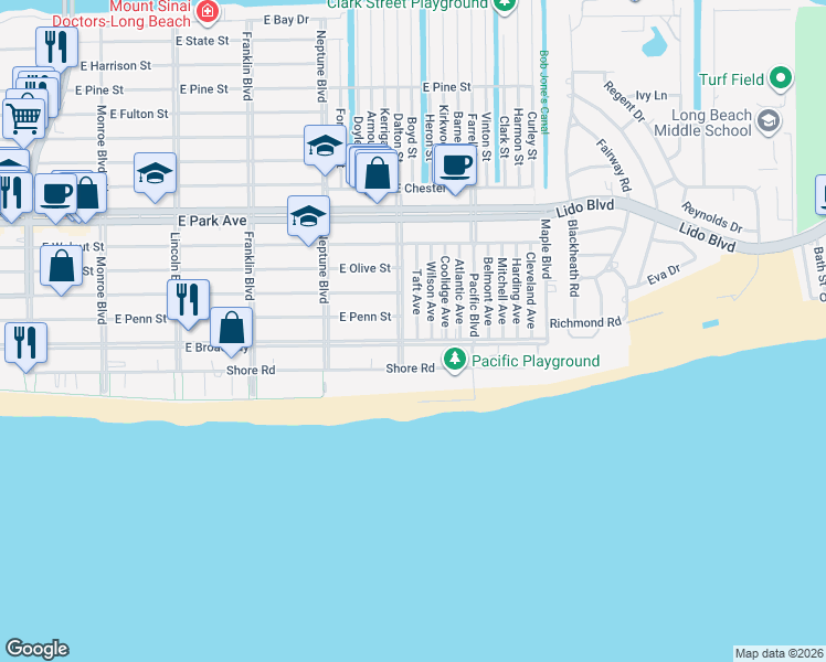 map of restaurants, bars, coffee shops, grocery stores, and more near in Long Beach