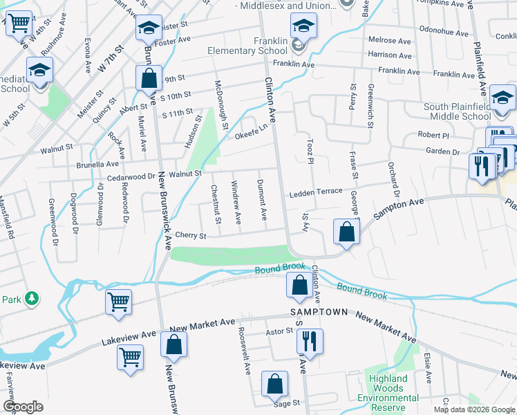 map of restaurants, bars, coffee shops, grocery stores, and more near 1605 Windrew Avenue in South Plainfield