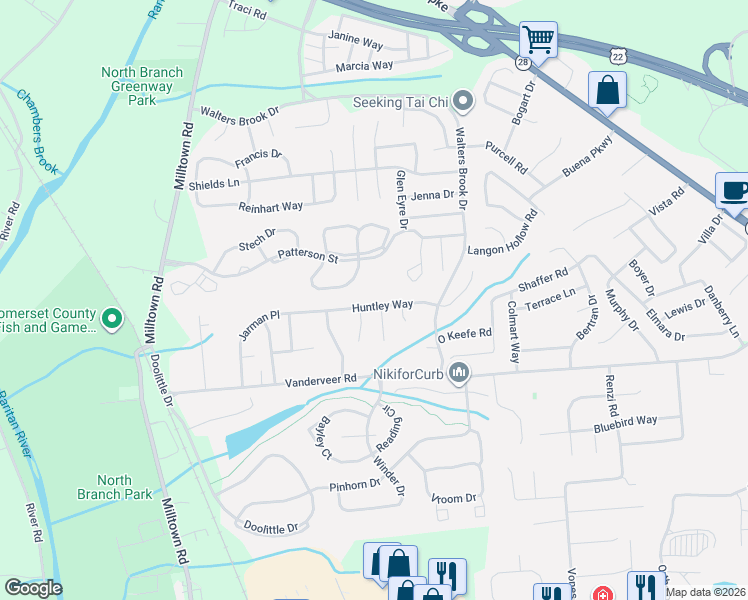 map of restaurants, bars, coffee shops, grocery stores, and more near 29 Huntley Way in Bridgewater Township