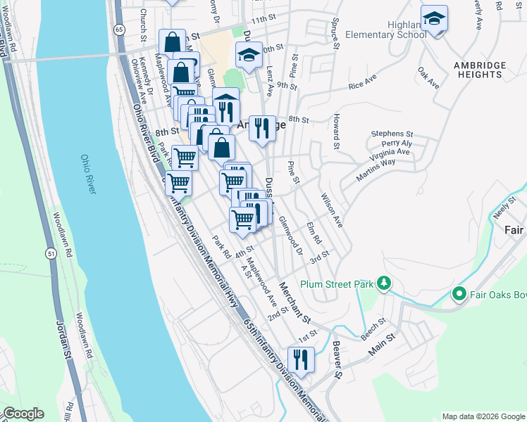 map of restaurants, bars, coffee shops, grocery stores, and more near 451 Duss Avenue in Ambridge
