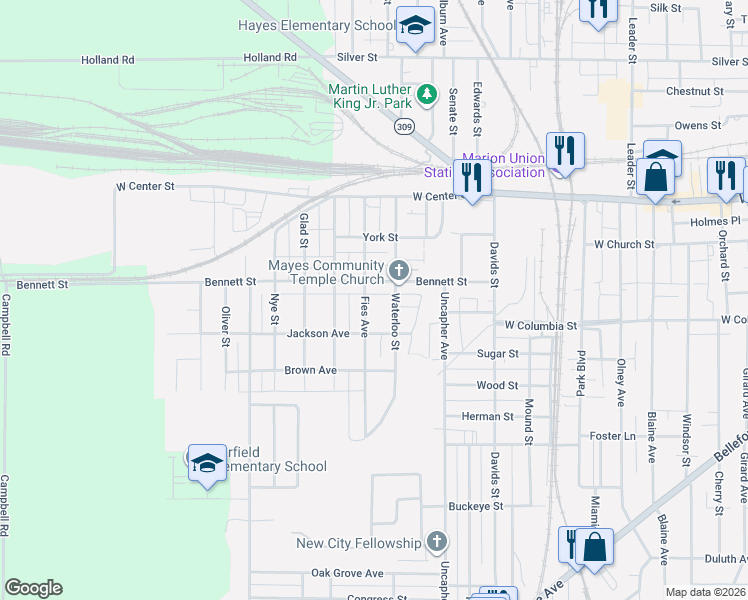 map of restaurants, bars, coffee shops, grocery stores, and more near 251 Waterloo Street in Marion
