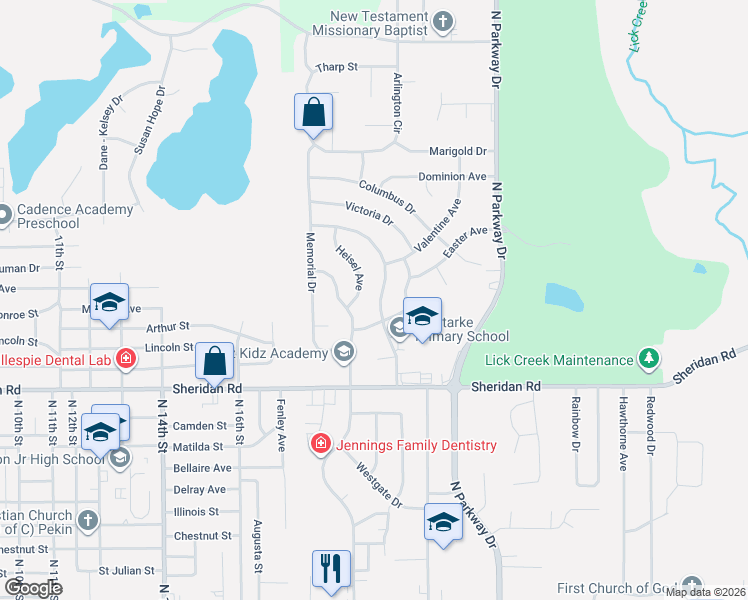 map of restaurants, bars, coffee shops, grocery stores, and more near 1708 Holiday Dr in Pekin