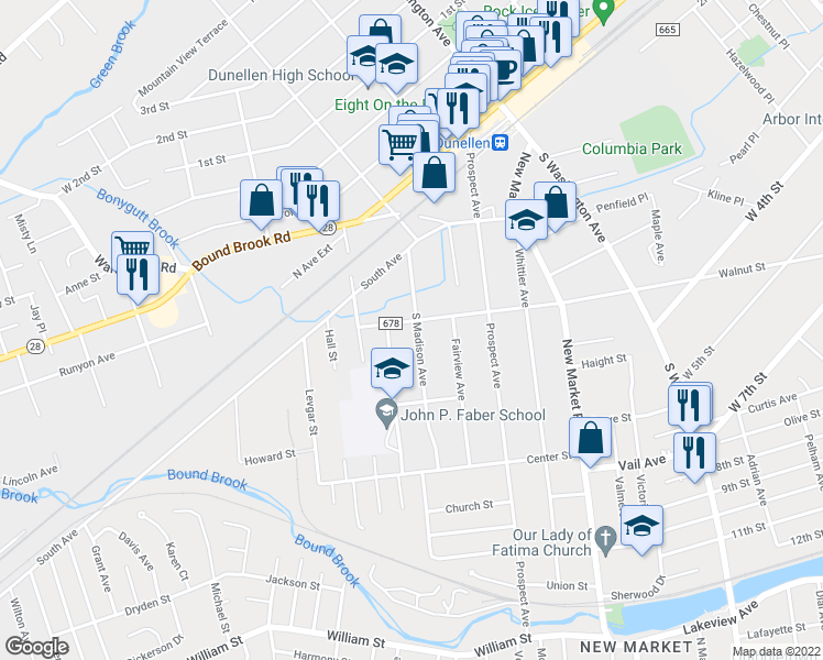 map of restaurants, bars, coffee shops, grocery stores, and more near 729 Walnut Street in Dunellen